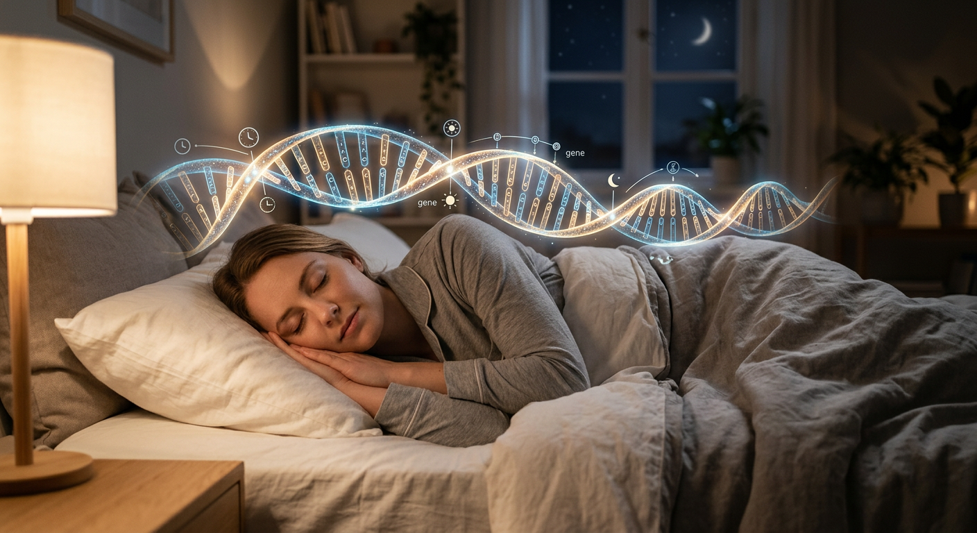 Sleep and Genetics pic - Alaska Sleep Clinic - Alaska Sleep Clinic Woman sleeping in bed with a glowing DNA double helix floating above, suggesting genetics and sleep research.