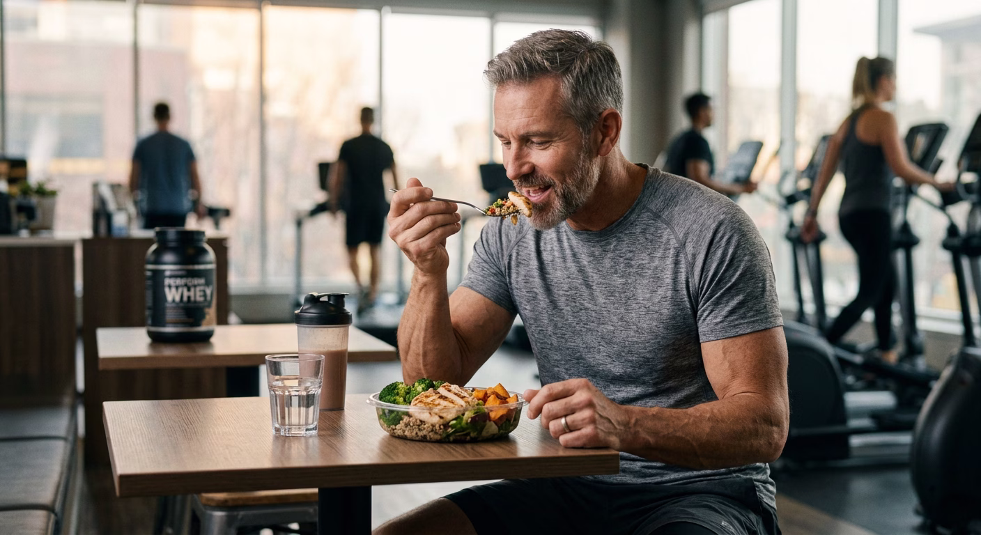 physically fit middle-aged man eating protein - Alaska Sleep Clinic - Alaska Sleep Clinic Middle‑aged man in a gray athletic shirt eating a bowl of grilled chicken and veggies at a gym café, with a protein shake nearby.